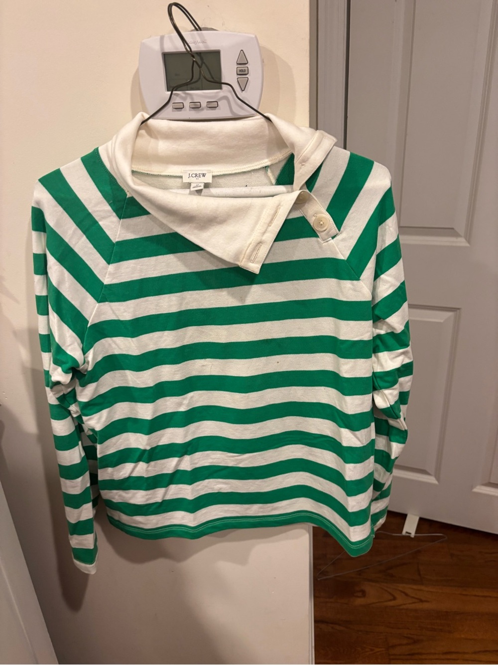 J. Crew White and Green Striped Cowl-Neck Sweatershirt with Button Detail